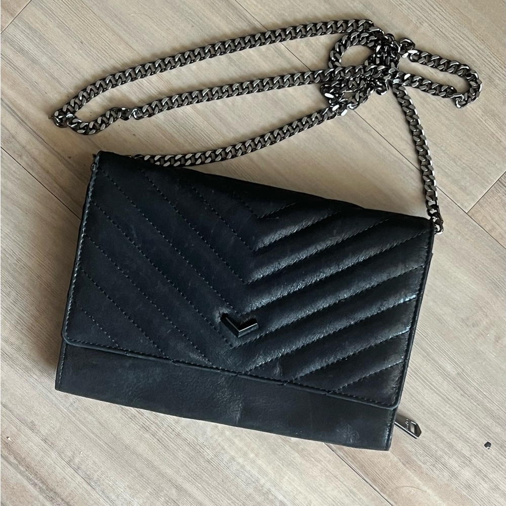 botkier New York black quilted leather crossbody wallet chain strap purse